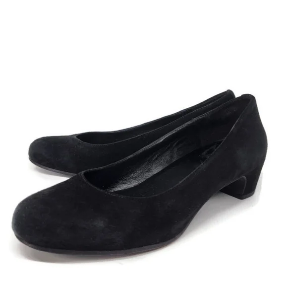 Eileen Fisher Neat Black Suede Round-Toe Low Block Heel Slip-On Pumps - Picture 1 of 14